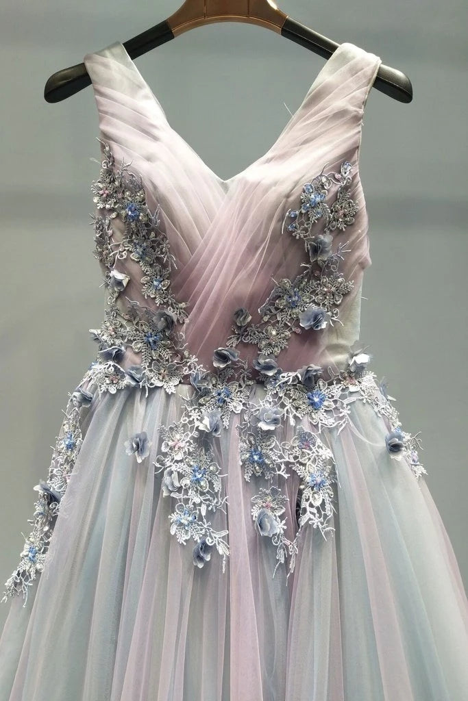 Appliques Long Prom Dress A-line V Neck Tulle Evening Dress OKU14