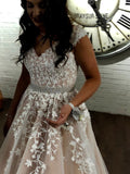 Charming A-line V Neck Long Prom Dress with White Appliques Formal Party Dress OKU17