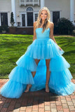 Blue A Line Tulle Long High Low Prom Dress Formal Evening Dress OK2012