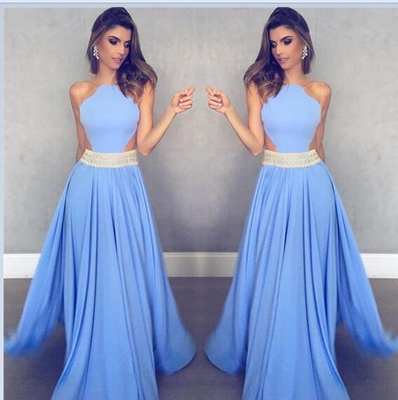 Unique Blue Chiffon Long A Line Beaded Prom Dress OK832