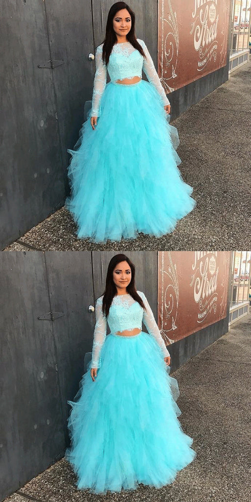 Full Sleeve Evening Dress, Two Piece Tulle Lace Top Prom Dresses, Elegant Formal Dress OKE90