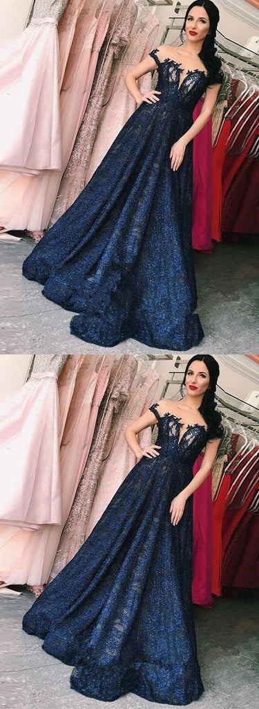 Lace A Line Dark Blue Long Prom Dresses,V Neck Evening Dresses OKE55