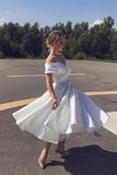 A Line Ankle Length Homecoming Dress Ivory Off-Shoulder Satin Short Wedding Dress OK1116