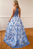 Blue A-line Halter Neckline Racer Back Ball Gown Elegant Lace Long Prom Dress OKV42