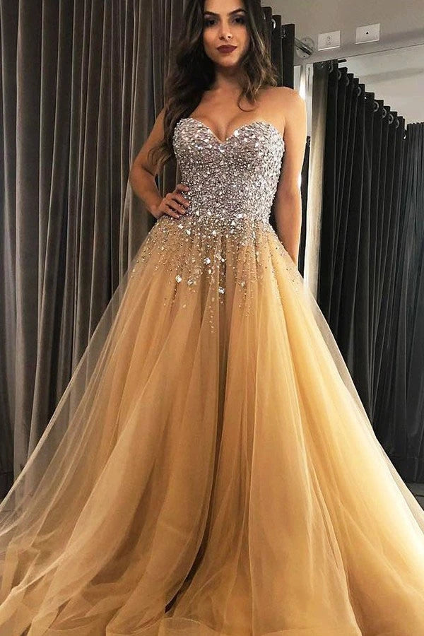 Sweetheart Gold Tulle A-line Prom Evening Dress with Beading OKT96