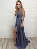 Deep V Neck Sparkly Long Sexy Prom Dress With Slit Spaghetti Straps Formal Dress OKS9