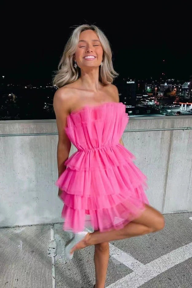 Hot Pink Strapless Tiered Short Homecoming Dresses, Cute A Line Sweet 16 Dress OK1439