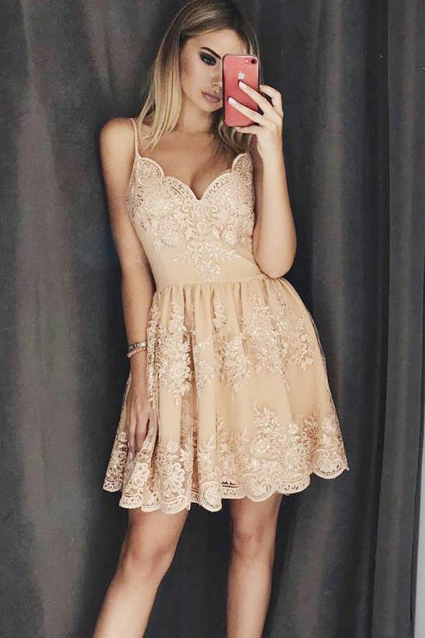 Stylish A Line Spaghetti Straps Short Homecoming Dress with Lace Appliques OKD14