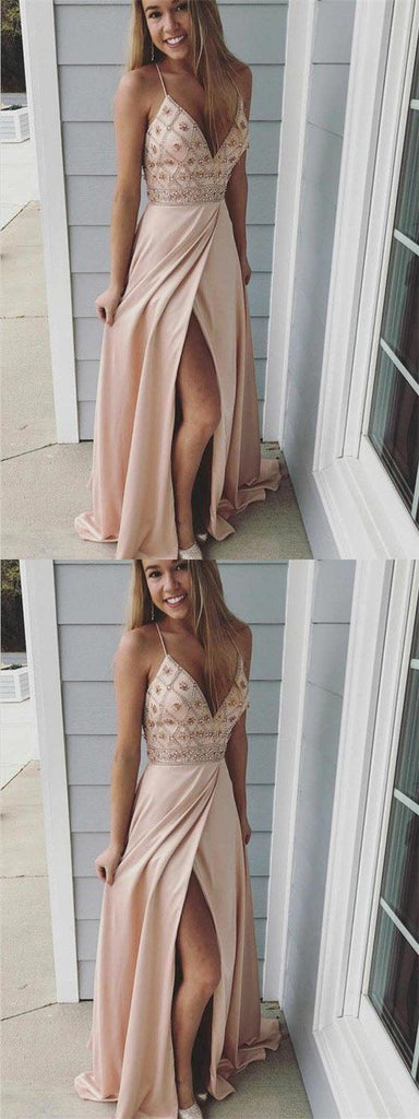 Great Spaghetti Straps Beading Long A-Line Side Slit Prom Dress OKE40