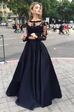 Two Piece Prom Dress,Deep Black Prom Dresses,Lace Prom Dress,Formal Prom Dress,Long Sleeves Prom Dress,Long Evening Dress,2 Pieces Evening Gown