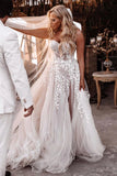 A-line Sweetheart Lace Appliques Bohemian Wedding Dress with Slit OK1978