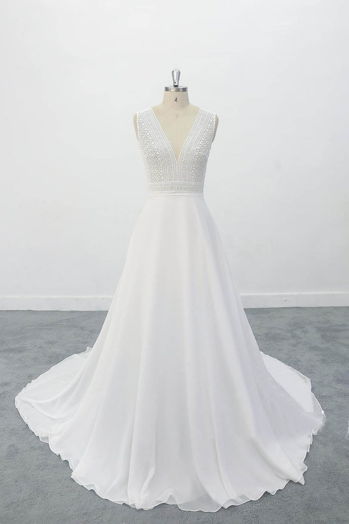 Illusion Boho Wedding Dress with Floral Lace Appliques  Lace Top Wedding Dress With V Back OKU93