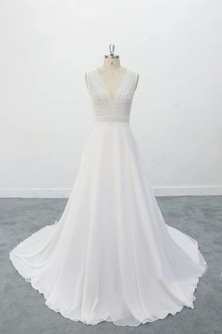 Illusion Boho Wedding Dress with Floral Lace Appliques  Lace Top Wedding Dress With V Back OKU93