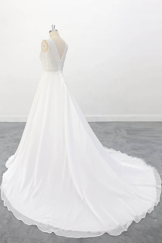 Illusion Boho Wedding Dress with Floral Lace Appliques  Lace Top Wedding Dress With V Back OKU93