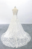 3D Flowers A-line Round Neck Wedding Dress with V Back Lace Bridal Dress OKU68