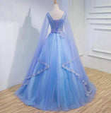 Medieval Long Sleeve Blue Appliques Ball Gown Prom Dresses Quinceanera Dresses OKU98