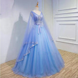Medieval Long Sleeve Blue Appliques Ball Gown Prom Dresses Quinceanera Dresses OKU98