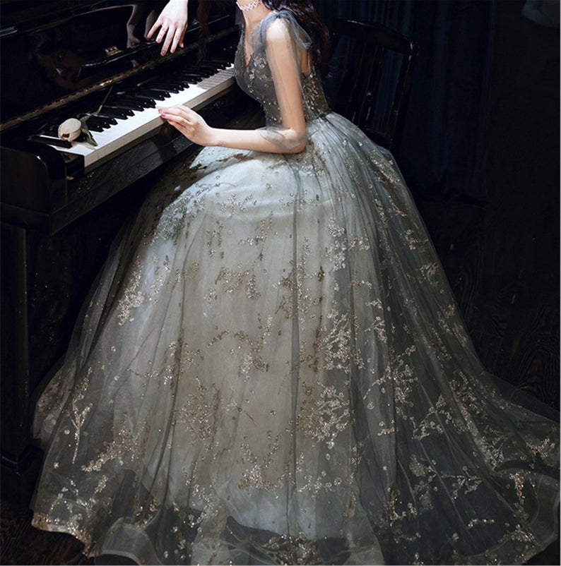 Beaded Tulle Fairy Prom Dress For Women V-Neck Long Party Dress Floor Length Evening Dress OKV92