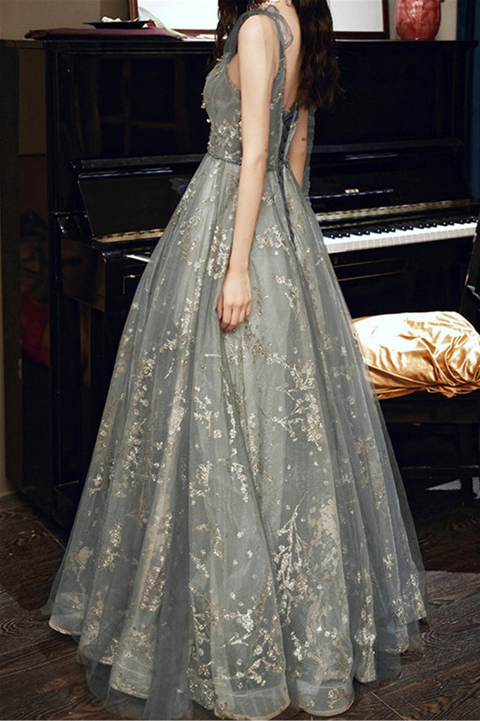 Beaded Tulle Fairy Prom Dress For Women V-Neck Long Party Dress Floor Length Evening Dress OKV92