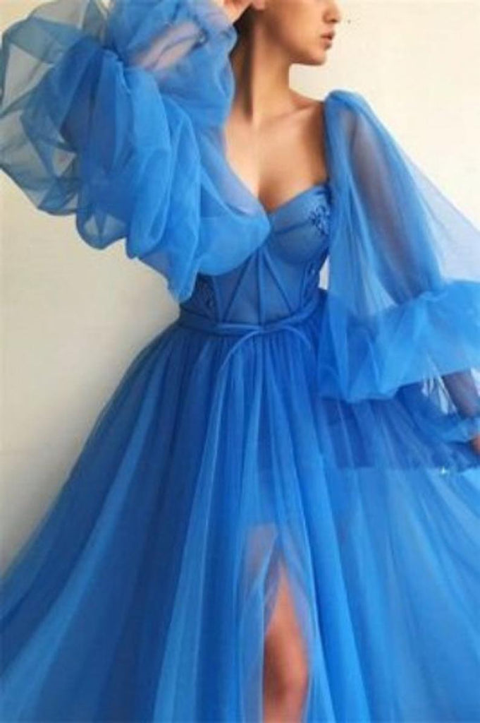 Long Lantern Sleeve Tulle A-line Sky Blue Prom Dress With Slit OKV82