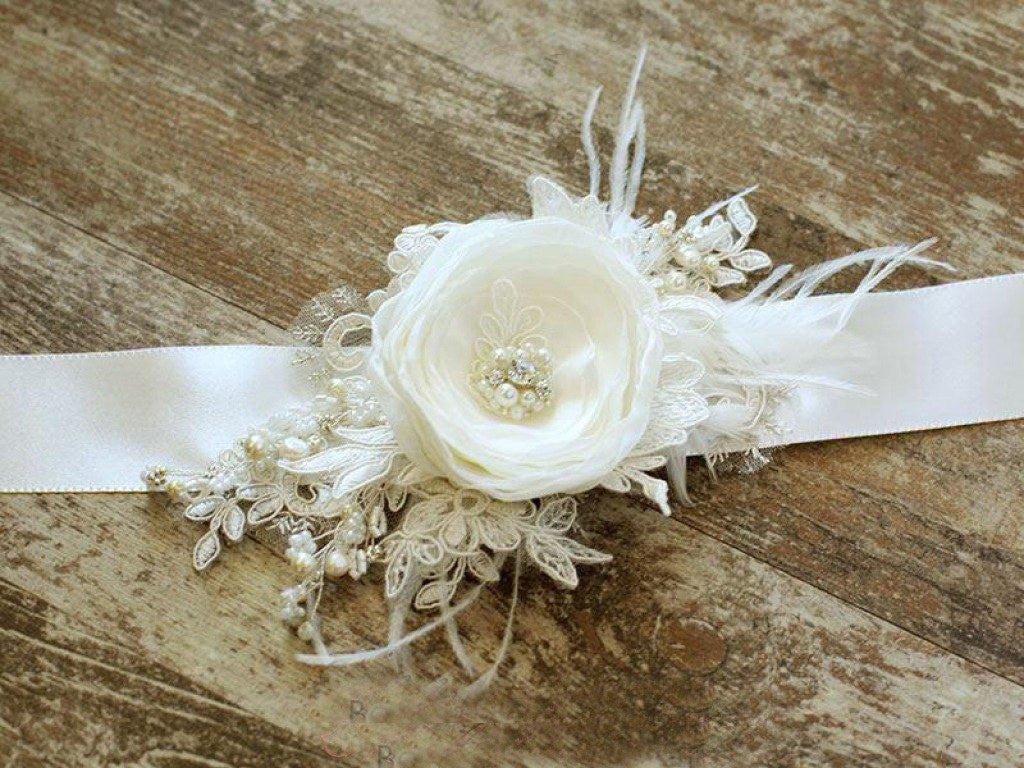 Ivory Floral Bridal Belt Applique Lace Applique Sashed Beaded Pearls BS11
