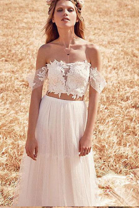 Two Piece Off-the-Shoulder Cheap Tulle Beach Wedding Dresses OKC93