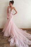 Sexy Prom Dress,Appliques Prom Dress,V-Neck Prom Dress,Mermaid Prom Dress,Long Prom Dress,Formal Evening Dress,Pink Prom Dresses,Tulle Prom Gown