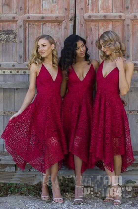 Navy Blue/Pink Deep V-neck Spaghetti Straps Sleeveless Asymmetry Lace A-line Bridesmaid Dresses OK236