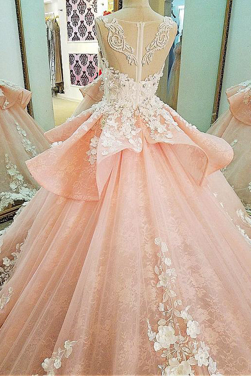 Tulle Lace Scoop Neckline Ball Gown Wedding Dress With Lace Appliques,Quinceanera Dress OK619