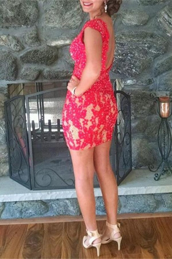 Red Mermaid Lace Beading Sheath Backless Formal Homecoming Prom Dress K469