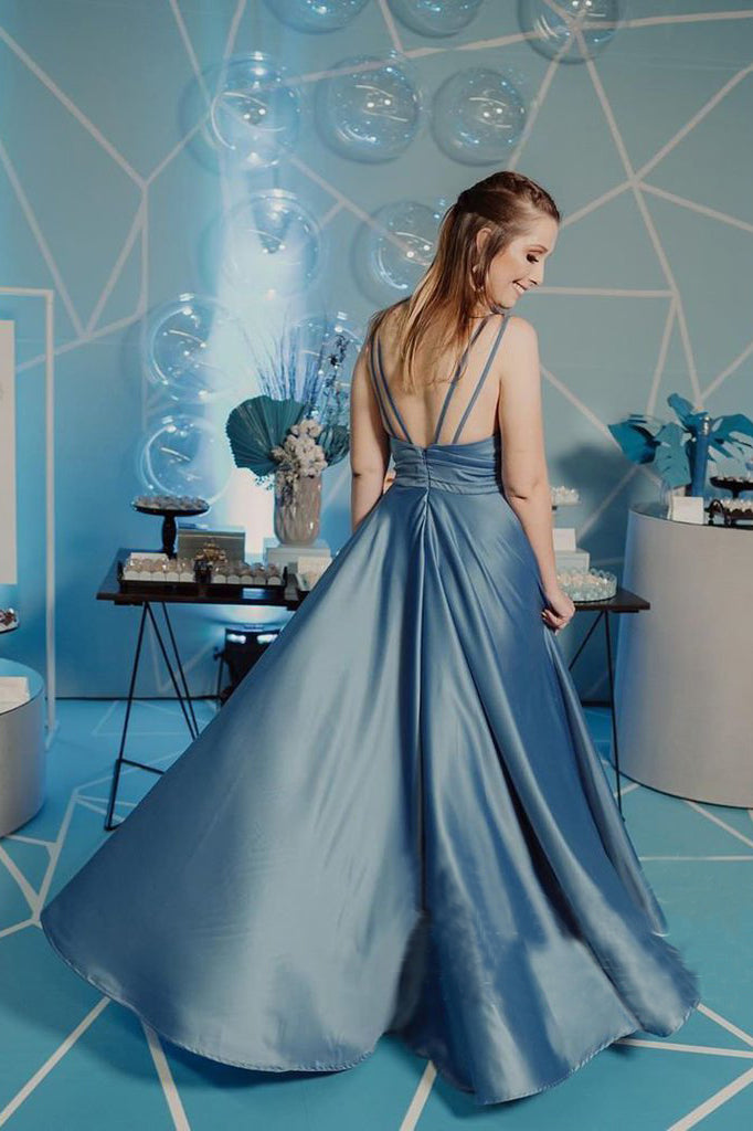 Spaghetti Straps Keyhole Sexy Flowy A-line Satin Front Slit Long Prom Dress OKV75