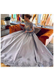 Elegant A Line Bateau Long Sleeves Grey Satin Prom Dresses with Appliques OKF55