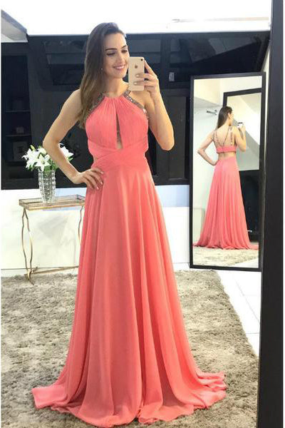 Modest Prom Dresses,Watermelon Prom Gown,Chiffon Prom Dress