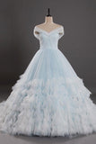 Light Blue Off the Shoulder Tulle Ball Gown Prom Dress Quinceanera Dresses OKV3