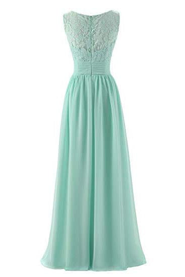 Mint Green V Neck Long Simple Pleated Bridesmaid Dresses with Lace  OKM57