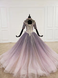 Sparkly Ball Gown Half Sleeves Ombre Quinceanera Dress with Flowers OKS90