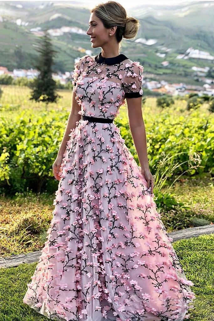 Floral Long Short Sleeves Cheap Prom Dress with Appliques OKN12