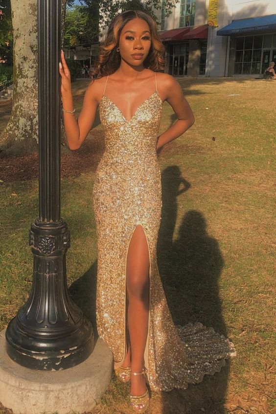 Mermaid Gold Sequin Sheath Spaghetti Straps Long Prom Dress With Side Slit OK1272