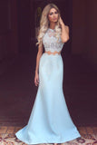 Light Blue Satin Prom Dress,Sexy Lace See-through Mermaid Long Prom Dress OK188