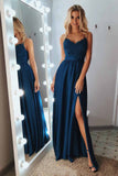 Charming A-line Lace Appliques Blue Spaghetti Long Prom Dress with Slit OKX16