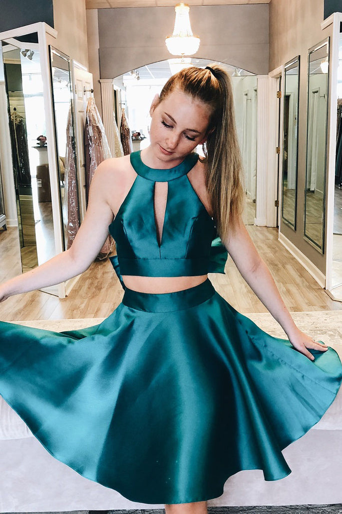 Simple Two Piece Short Dark Teal Satin A Line Homecoming Dresses with Bow OKC26