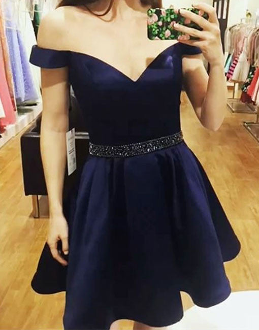 Cute Off Shoulder A line Beaded Satin Burgundy Short Homecoming Dress,Sweet 16 Dress OK234