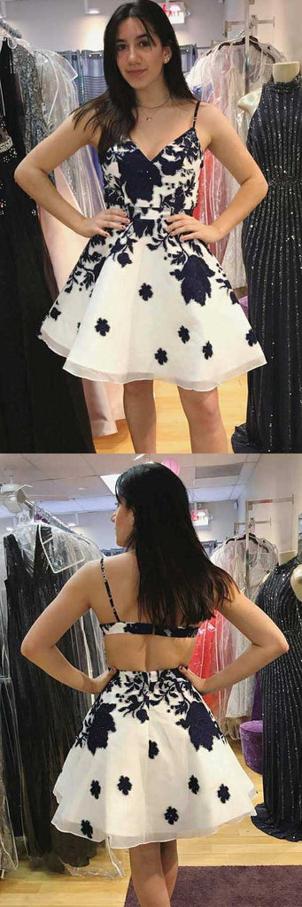 Ivory Short Cheap V Neck Lace Appliques A Line Homecoming Dress OKB89