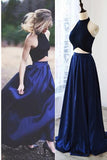 Two Pieces Royal Blue A-line Long Simple Halter Open Back Prom Dress K663