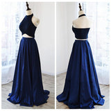 Two Pieces Royal Blue A-line Long Simple Halter Open Back Prom Dress K663