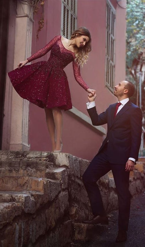 Long Sleeves Sparkly Prom Dress,Short Purple Homecoming Dress,Sweet 16 Dress OK472