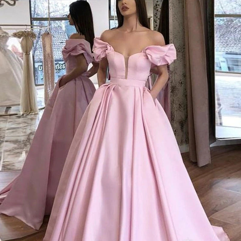 Pink Puffy Sleeves Satin Prom Dress A-line Long Party Evening Dress With Pockets OKV68