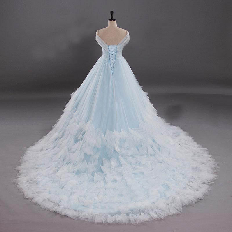 Light Blue Off the Shoulder Tulle Ball Gown Prom Dress Quinceanera Dresses OKV3