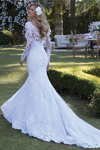 Long Sleeve Wedding Dresses Mermaid Bride Dresses Plus Size Lace Appliques OKV10