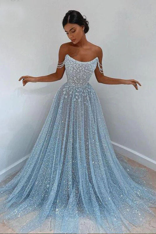 Shiny Beaded Off The Shoulder Glitter Sequins A-line Prom Dress Long Party Dress OKV56